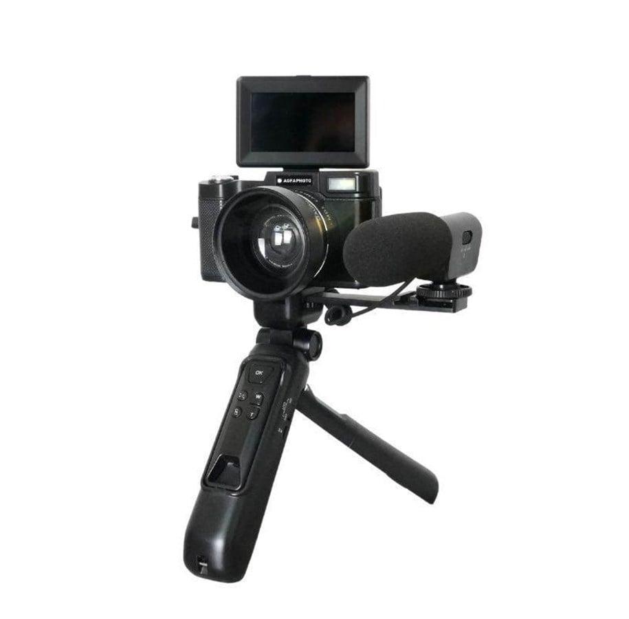 Sort Agfa Realishot VLG4K-DIG vlogkamera med vippeskærm, mikrofon og ministativ