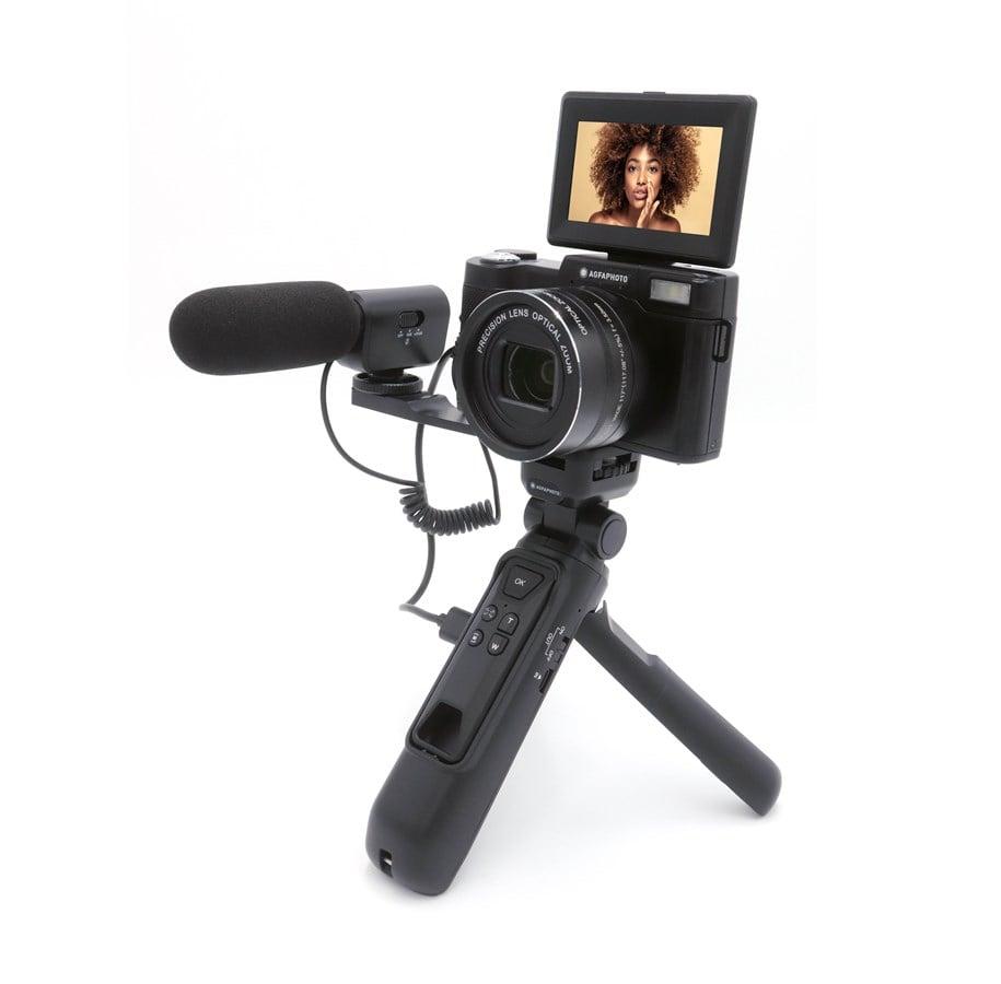 Sort Agfa Realishot VLG4K-OPT vlogkamera med opklappet skærm, mikrofon og greb