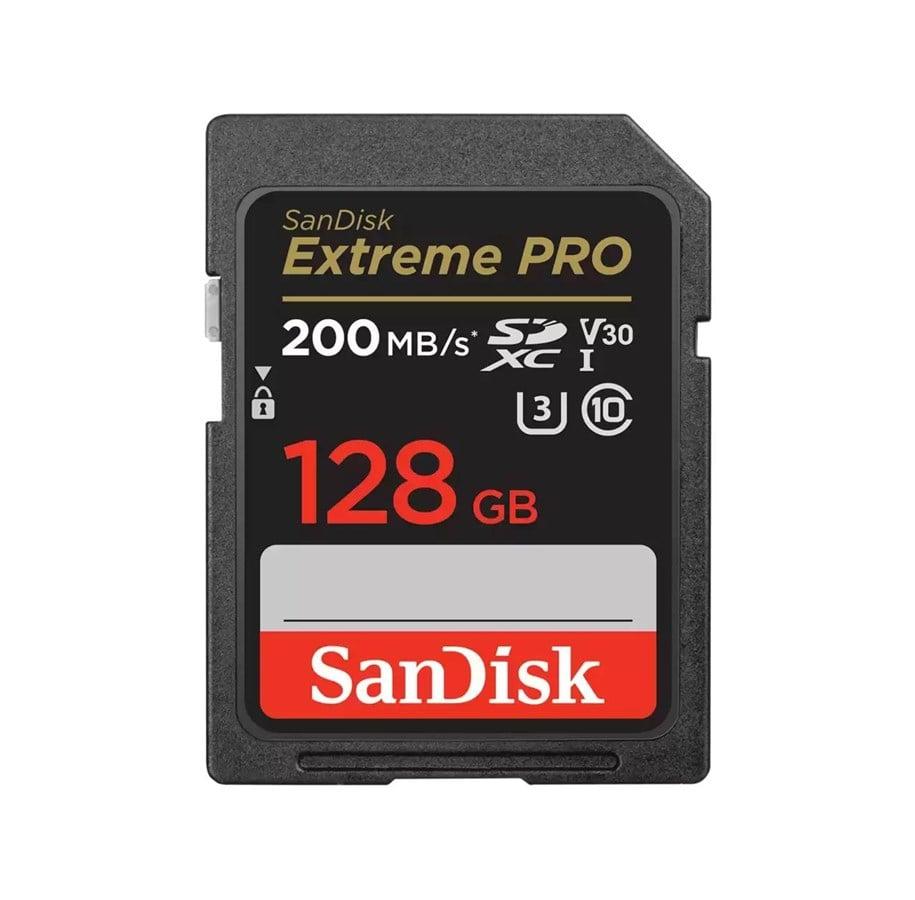 SanDisk Extreme PRO SDXC-kort på 128 GB med U3- og V30-symboler